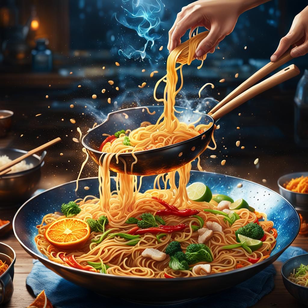 Asian Noodles in Wok: Fantasy Concept Art