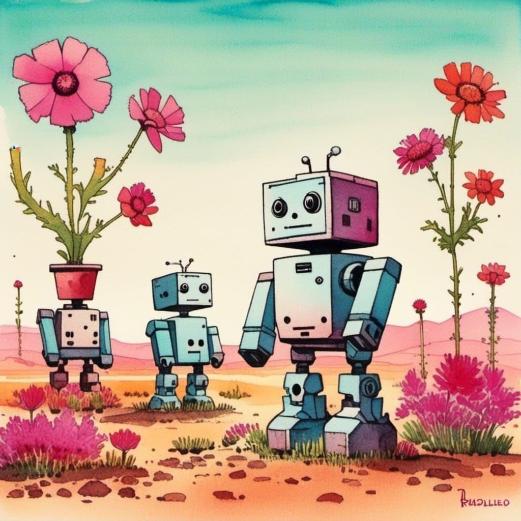 <lora:Rainbow Watercolour:1.0> Cute robots in a flower garden 