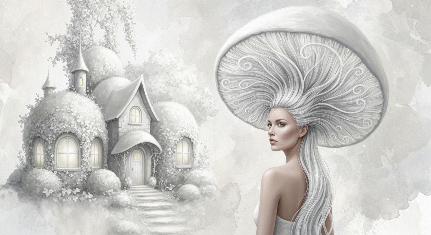 Surreal oil painting blended with watercolor textures — a woman with a mushroom-shaped hairstyle sculpted ...  by @KaideusAkara