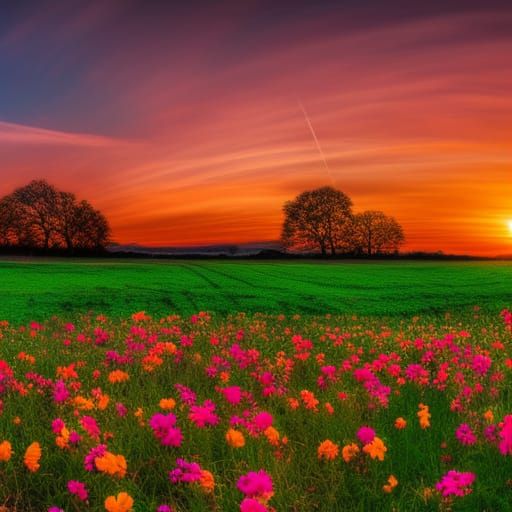 Bright and colourful field of flowers with rosy sunset - AI Generated ...