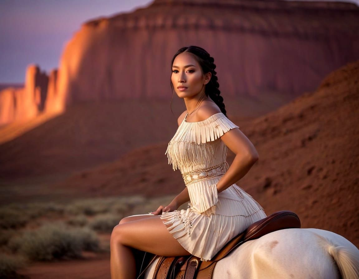 Native American Woman on Paint Horse in Golden Glow