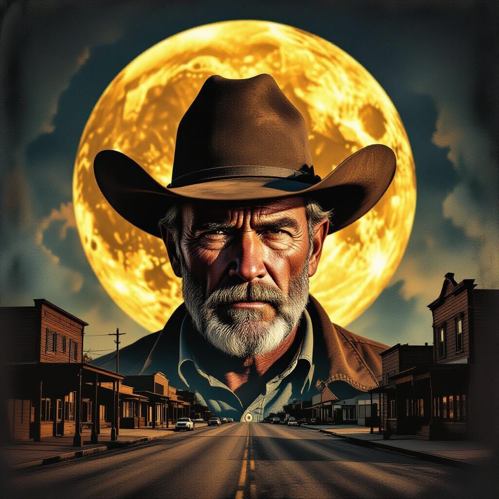 Maximalist dual tone, old cowboy portrait with wasted hat and rude face, background a massive full moon ...  by @Marv
