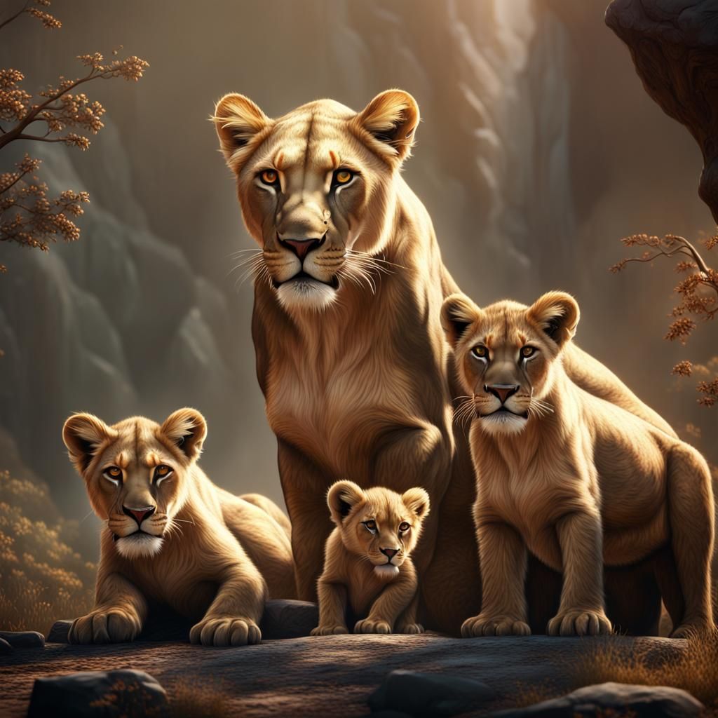 A lioness with her cubs