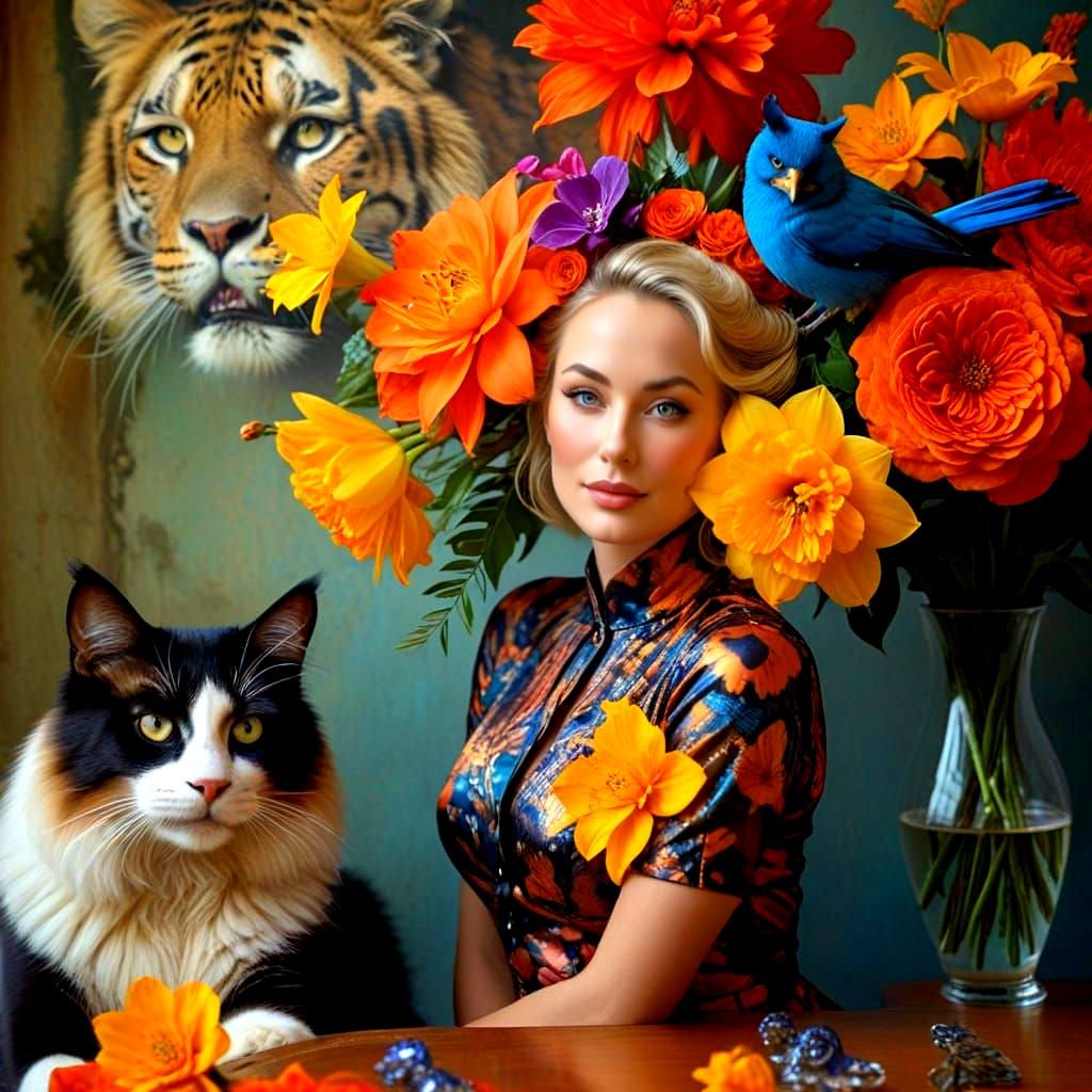 Surrealistic Ladies in Whimsical Feline Wonderland