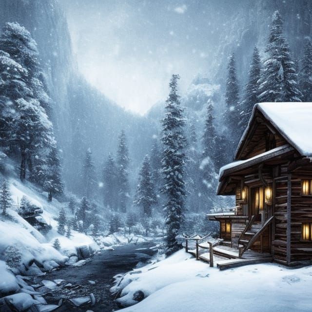 a snowy cabin   by @rererererer