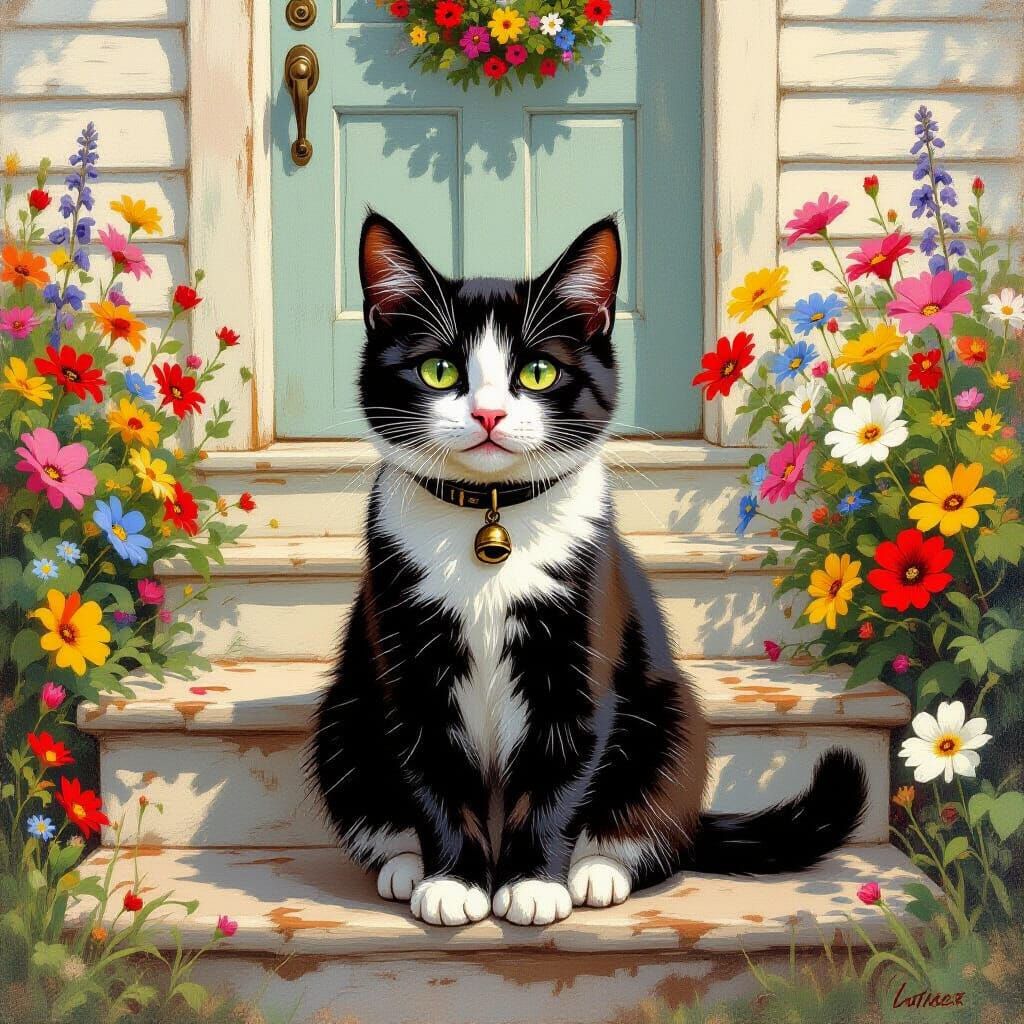 A tuxedo cat with a curious expression sits on the front steps of a weathered country house, its dirty ...  by @ArchieWahwah