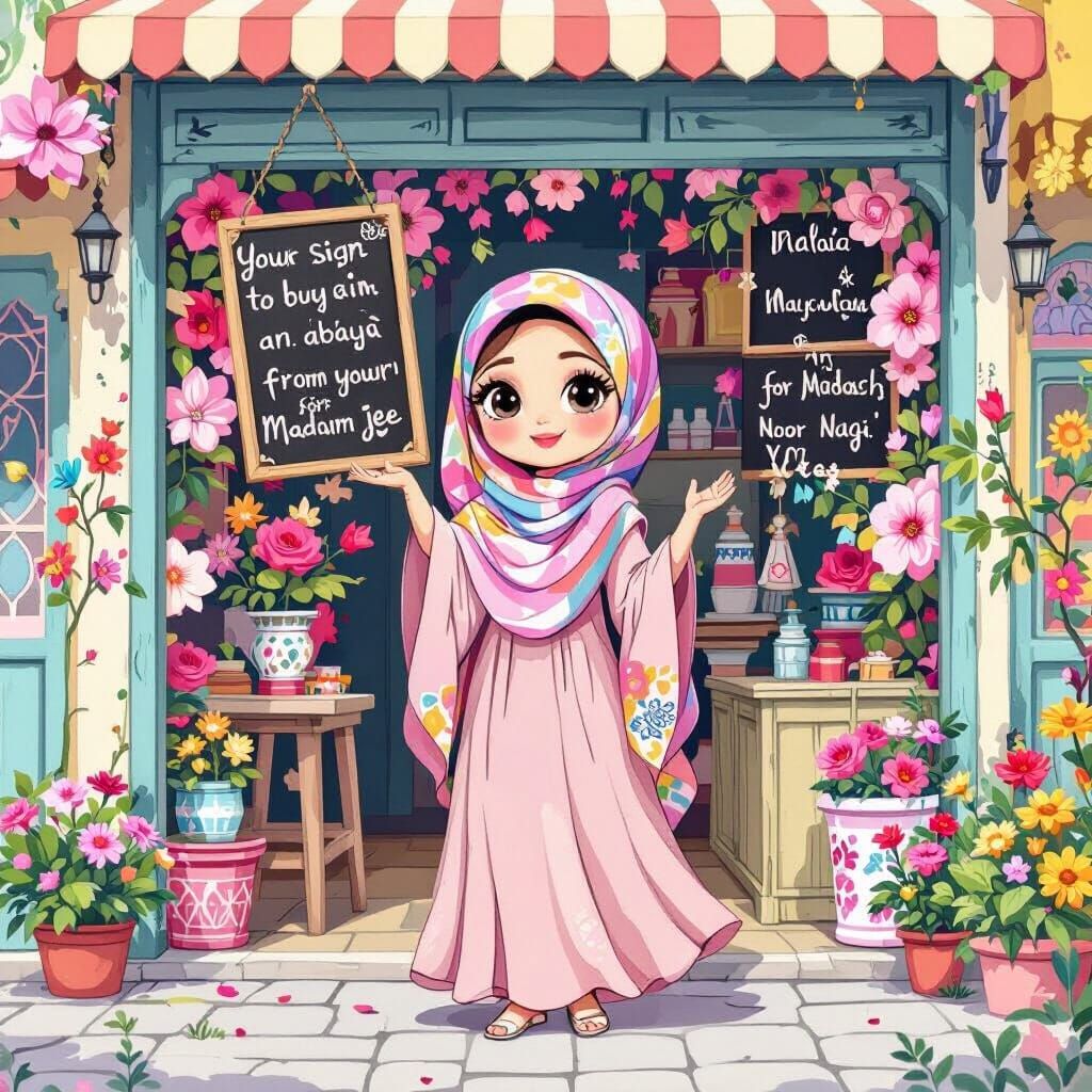 A picture of animated niqabi with a  big board in hand in front of her and write on it "Your sign to buy an abaya from Malaabis.hayaa for your madam jee" A beautiful gre...
