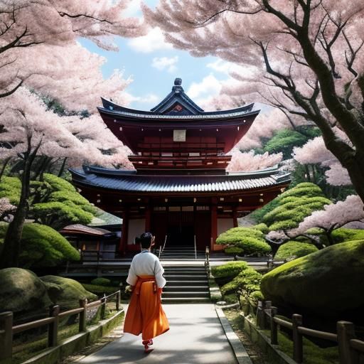 A miko wearing an orange hakama and a white shirt walking in...