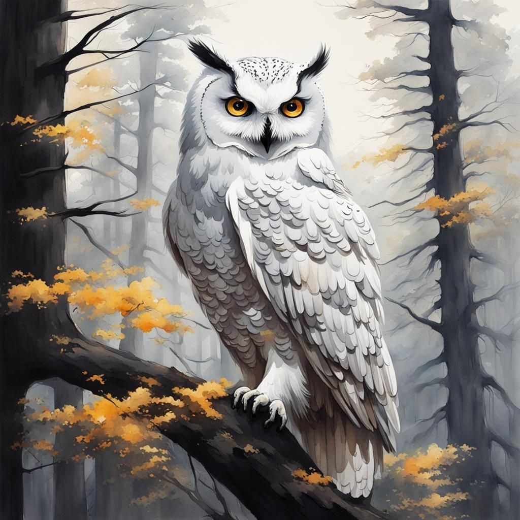 Watercolor White Owl with Yellow Eyes