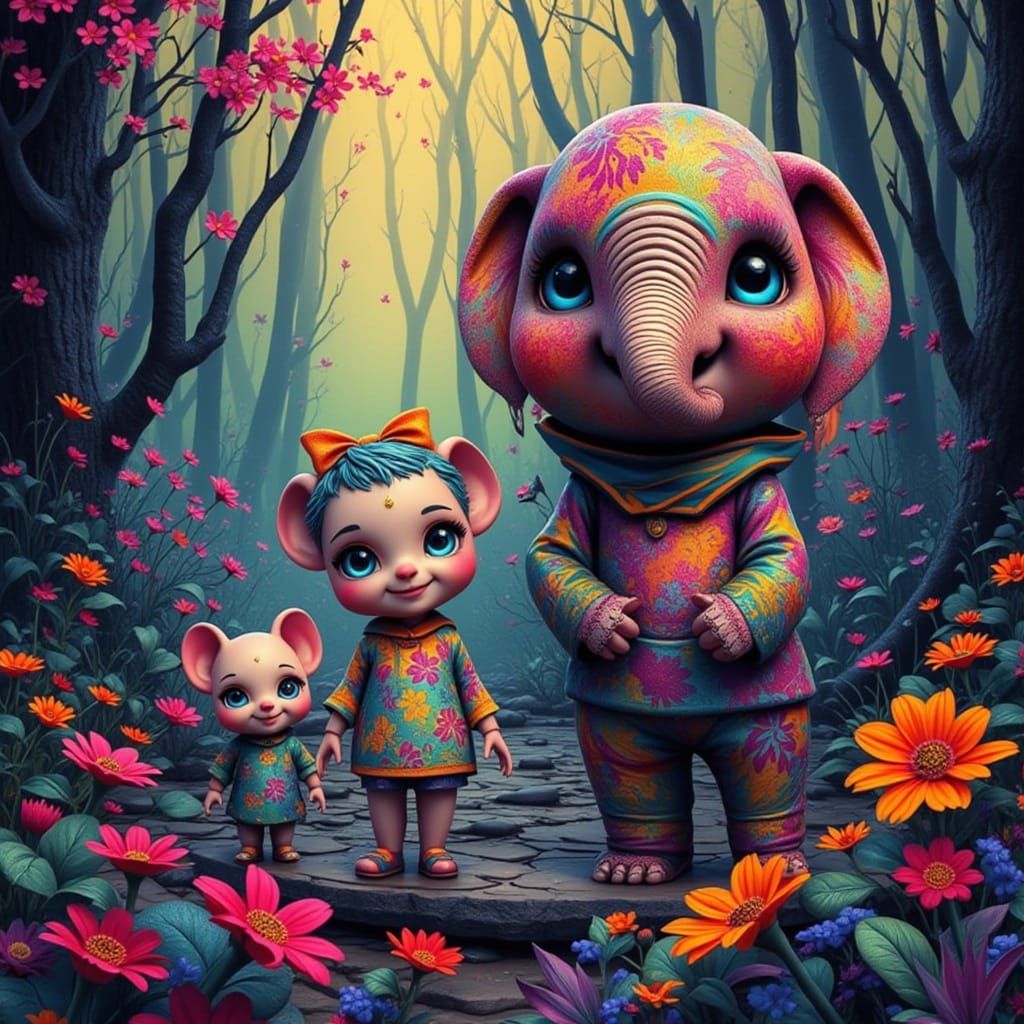 <lora:Zeste-citron chibi:1.0>two little mice and a big elephant in a forest, Impasto Cascade Hallucination. stained glass, falling, spirits,...