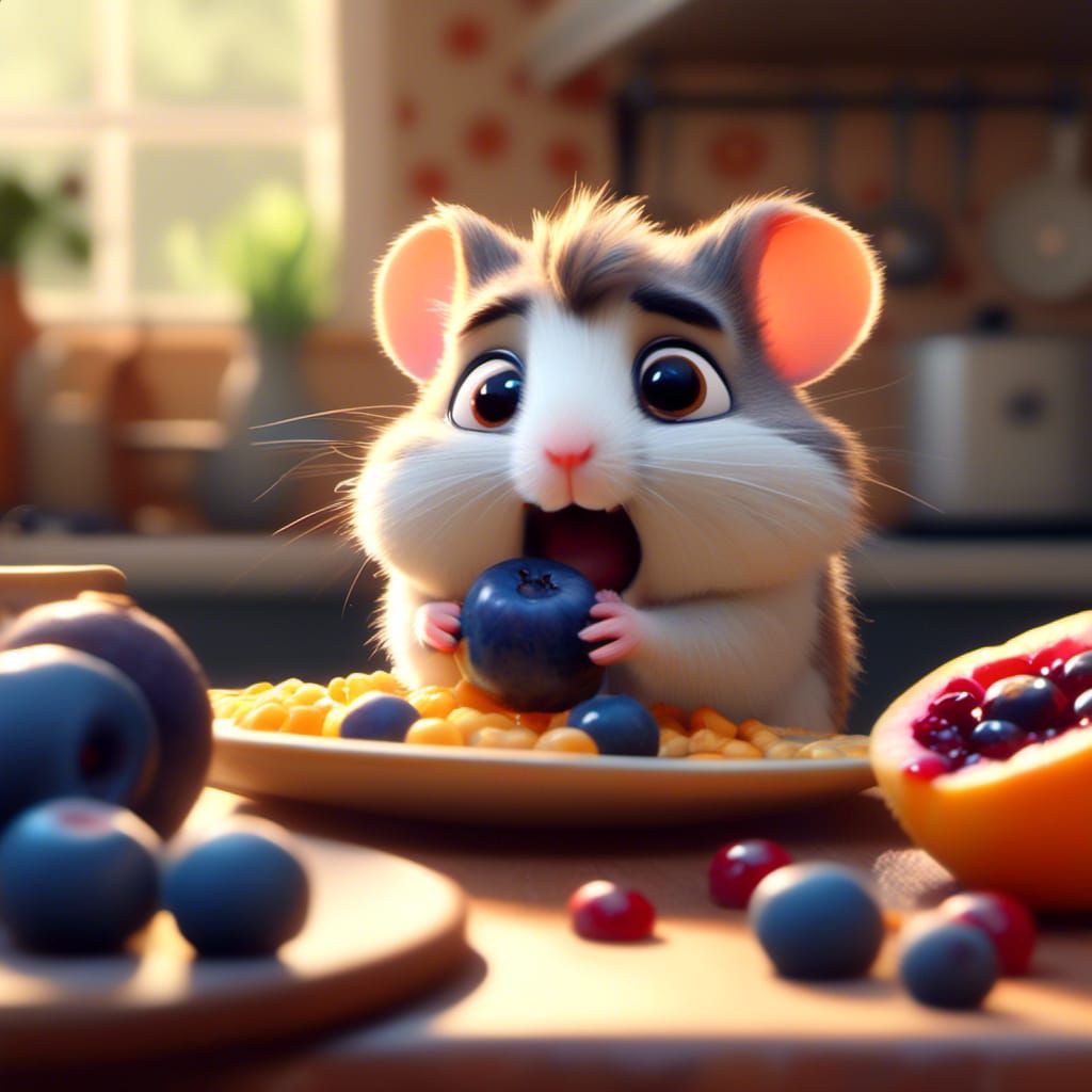 <lora:Express Yourself:1.0> A happy cartoon chibi hamster eating a blueberry. kitchen counter setting. cute, big eyes, tiny hands. muted col...
