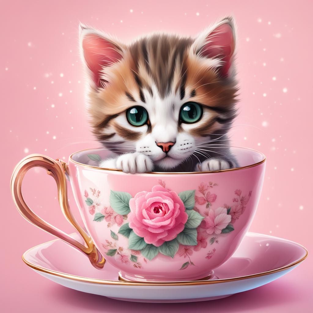 Cute Kitten in Teacup Illustration
