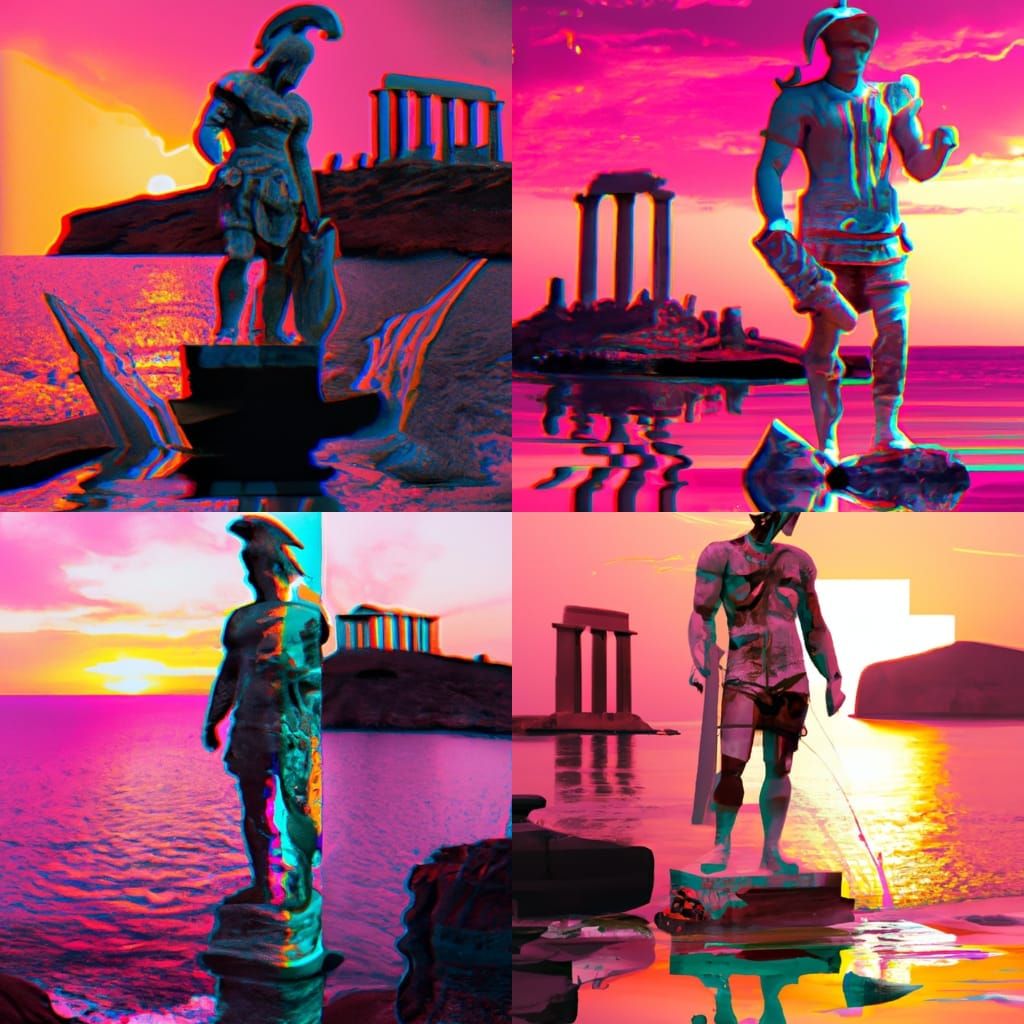 Marble statue of greek soldier in front of Sounion Posideon temple