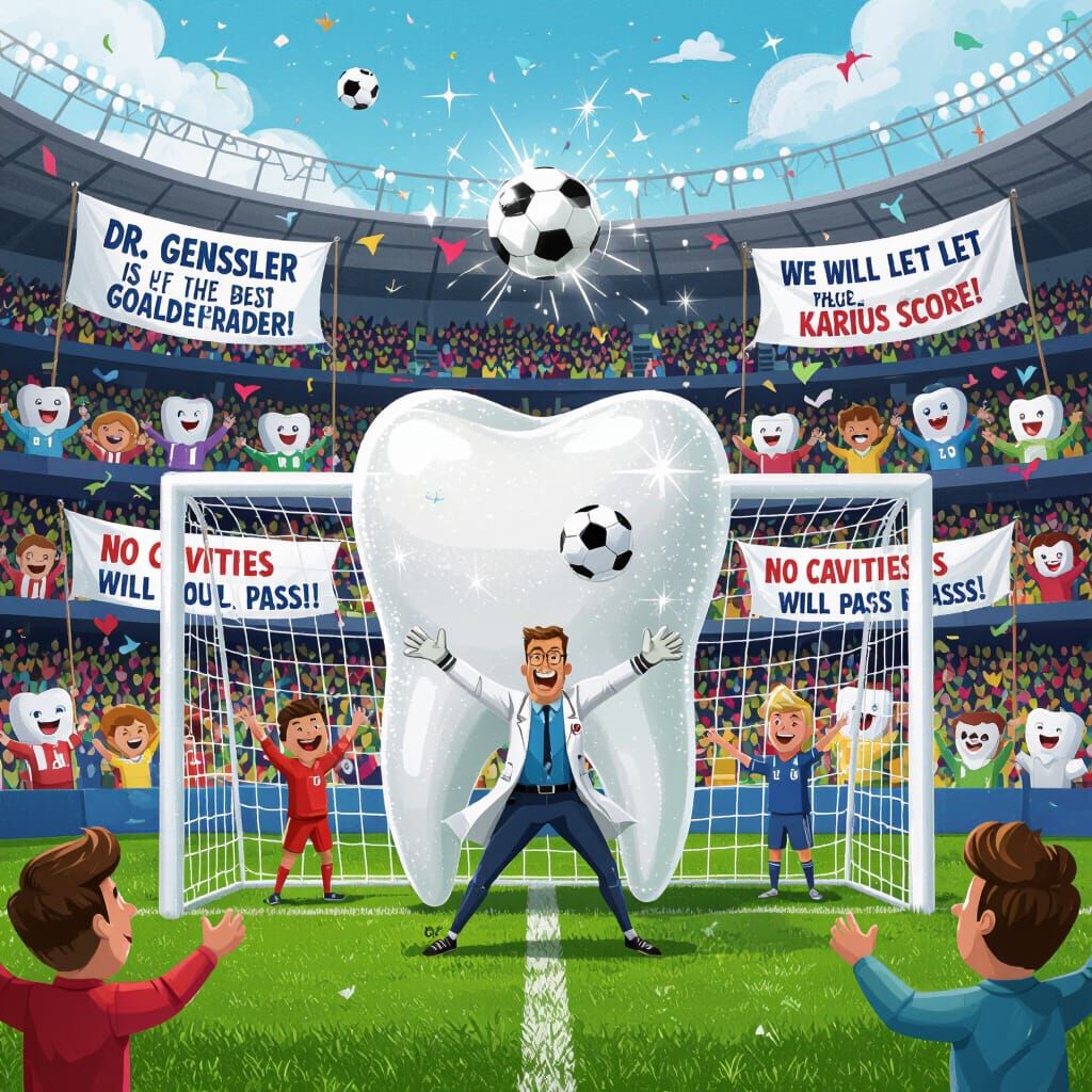 Whimsical Dental Stadium with Tooth Fans and Goalkeeper
