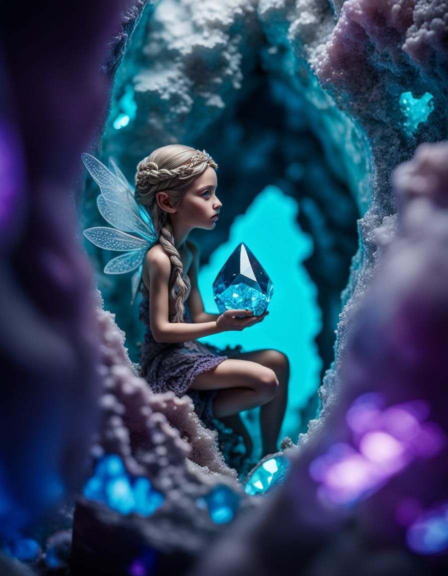 tiny fairy inside a crystal geode seam, turquoise, amethyst ...
