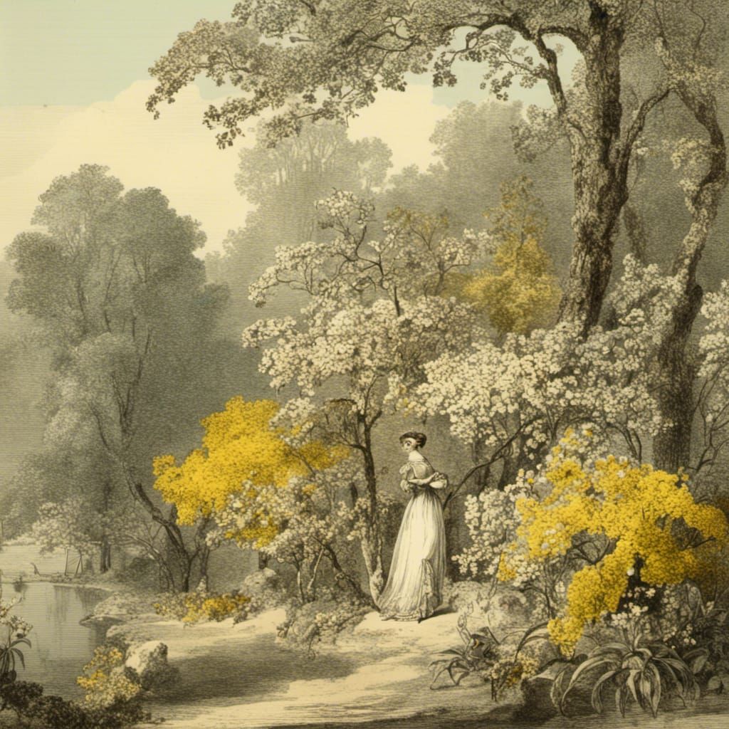 a beautiful garden with blossom trees, in yellow, grey, amber <lora:regency dresses:1.0> 
