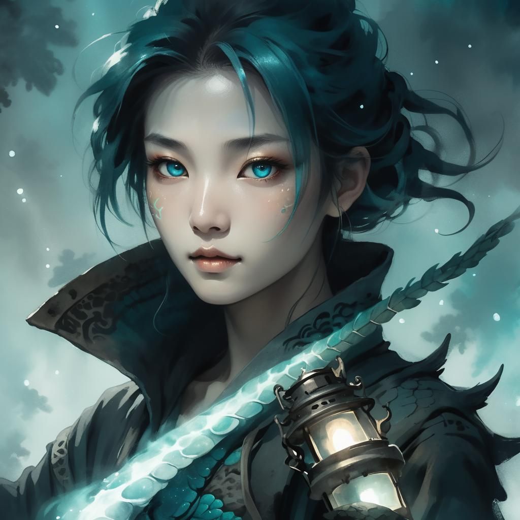 Mythical Serpent Ink Wash Painting in Moonlit Forest