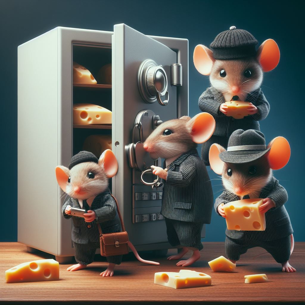 Some mice stealing cheese from a safe
