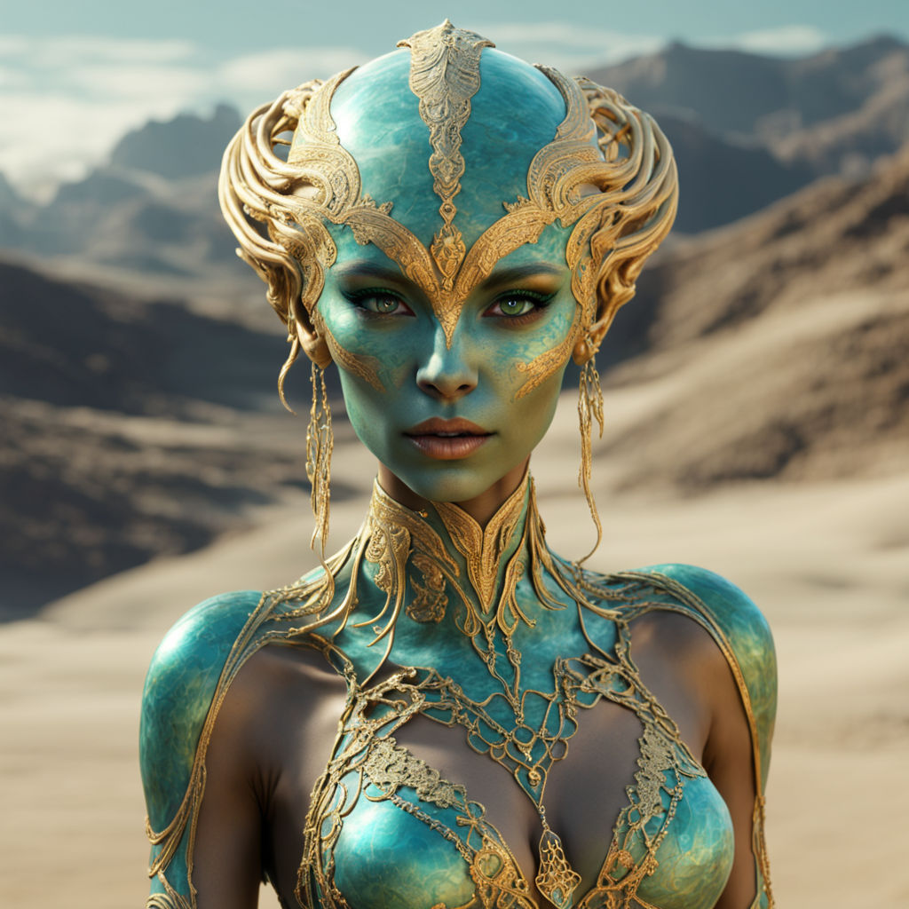 a beautiful alien woman. gold skin with aquamarine spots sta...