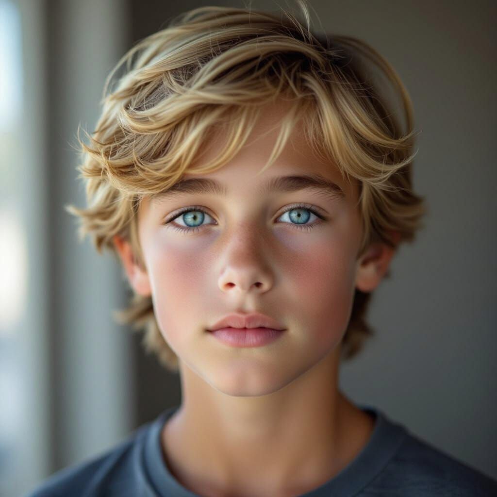 Handsome Young Boy With Blue Eyes and Blonde Hair