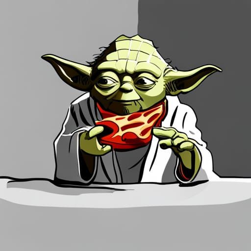 yoda eating a slice of pizza