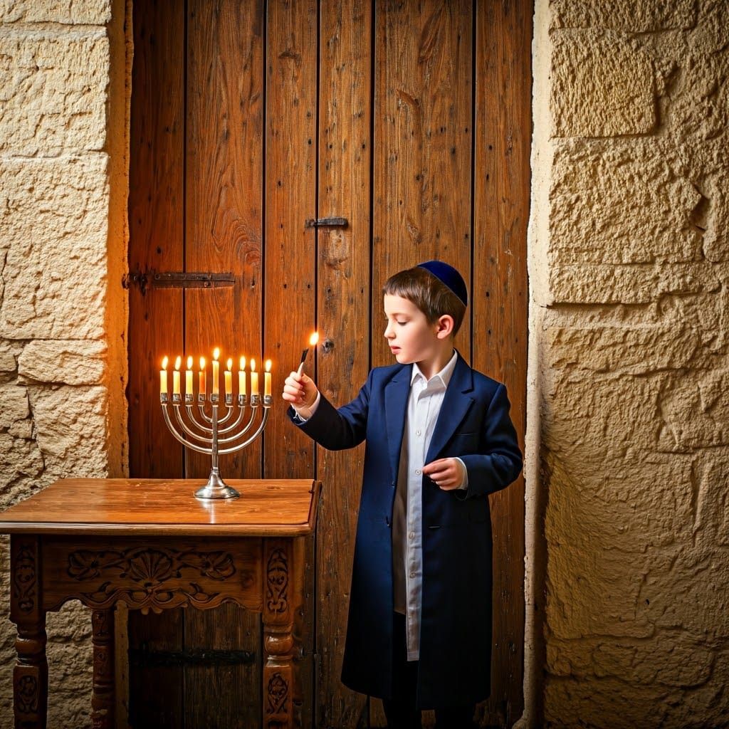 Young Chabad-Litvish Boy Kindles Hanukkah Candles in Traditi...