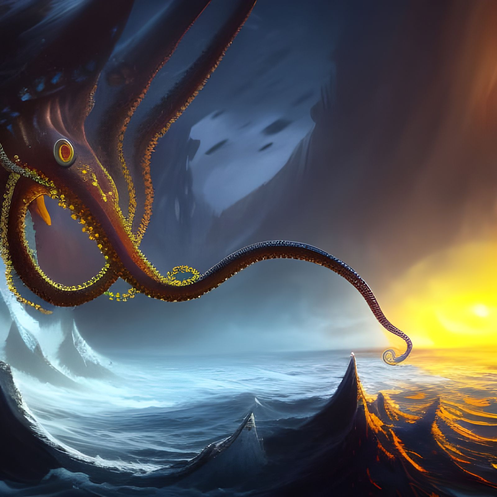 Transcendent Gigantic Tentacle sea monster with yellow eyes - AI