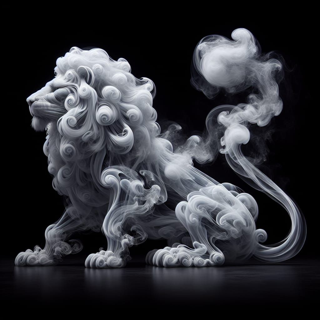 A ghostly figure of an epic lion posing gracefully, formed entirely out of swirling, translucent white smoke. The lion holds a proud look, c...