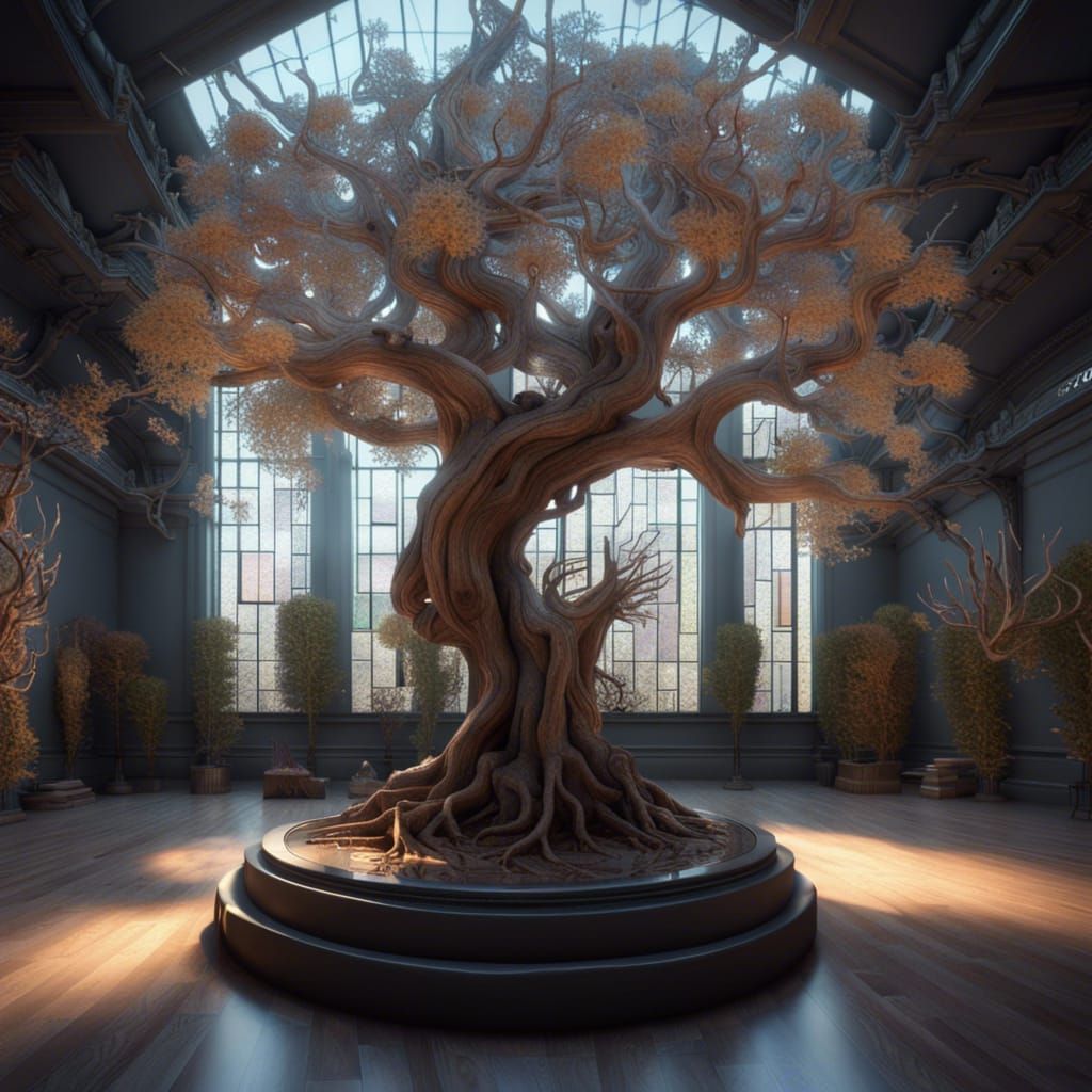 A museum room with a lot of strange plants such as head tree, winged tree, mechanical tree, water tree, ...  by @Minh Triều Phạm