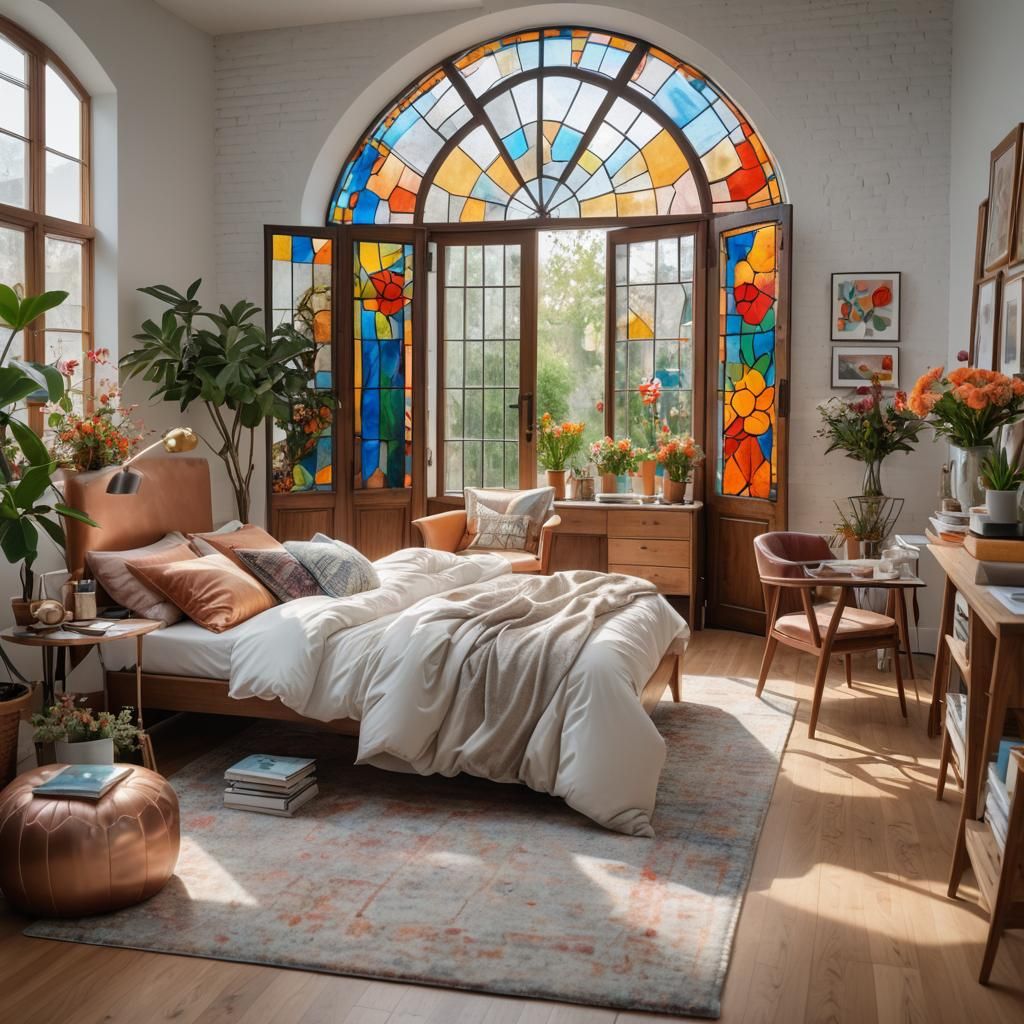 Modern Office Artist Studio Bedroom with Copper Accents