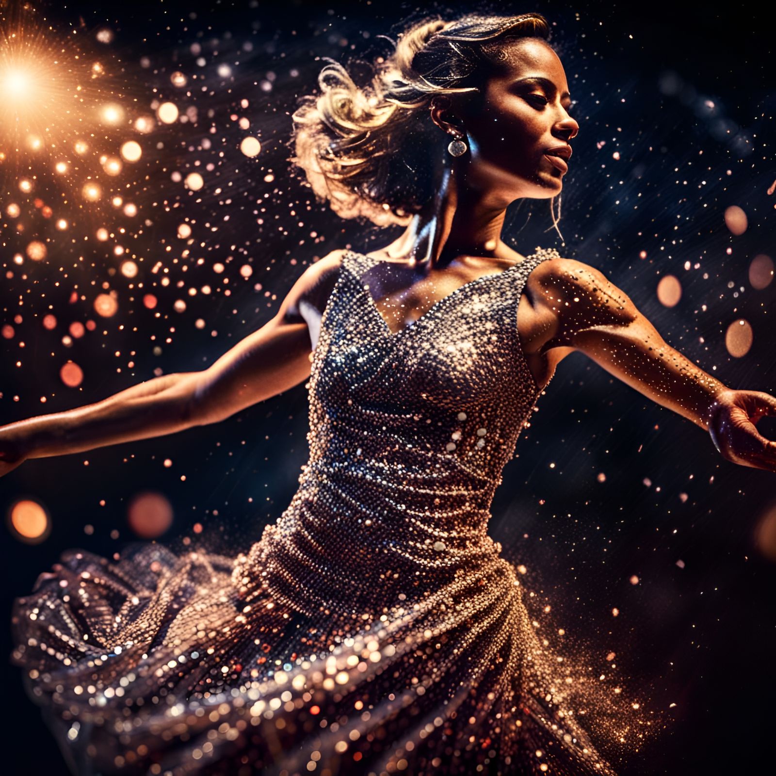 a woman in a glitter dress dancing on stage intricate details, HDR, beautifully shot, hyperrealistic, ...  by @Patsy 