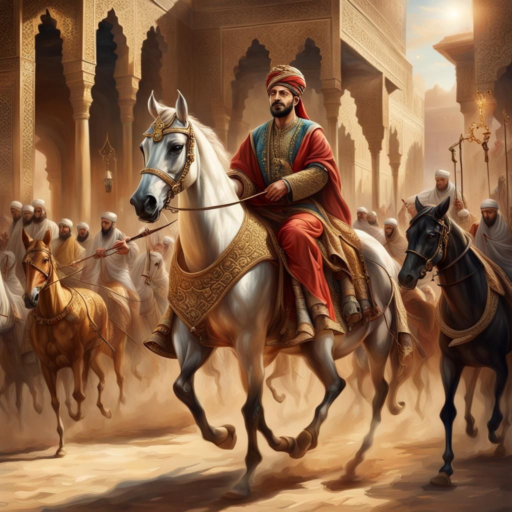 An Arabic traditional king, mounted on a horse with intricate Arabian