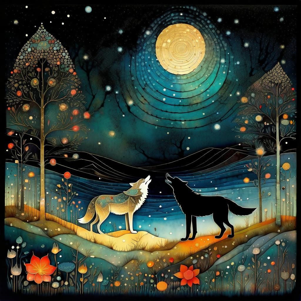 Wolves howling at the moon.