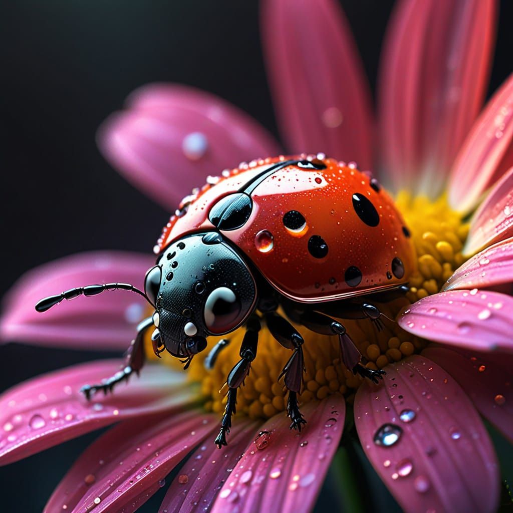 Macro photography of a tiny ladybug sitting on a beautiful daisy. The dewdrops reflect the morning light. ...  by @Granit9