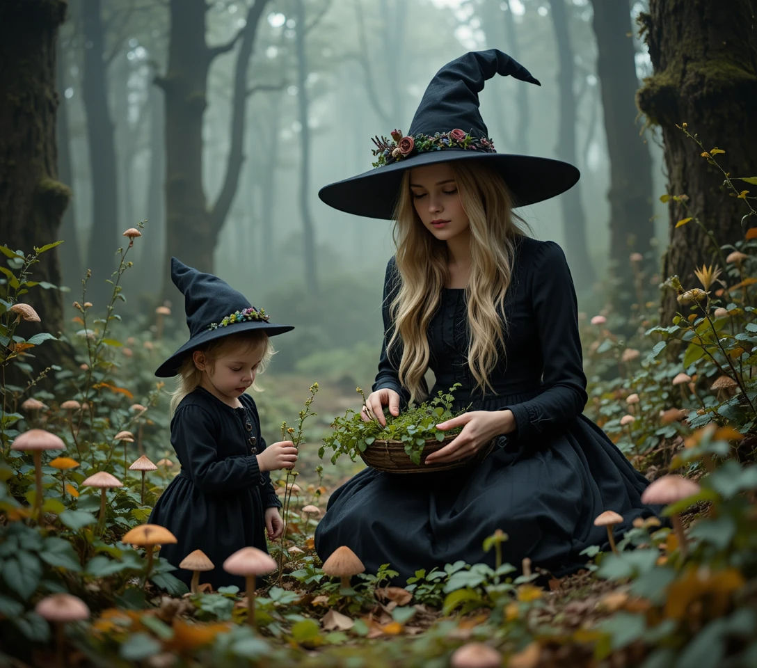 blond witch with black hat and black victorian dress, is in ...