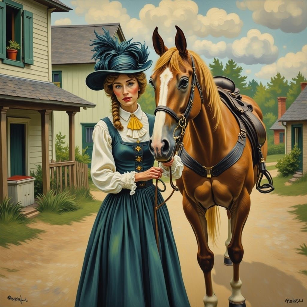  <lora:Van-MO Flux:1.0> A lady in a fancy hat standing with a magnificent horse in a colonial village