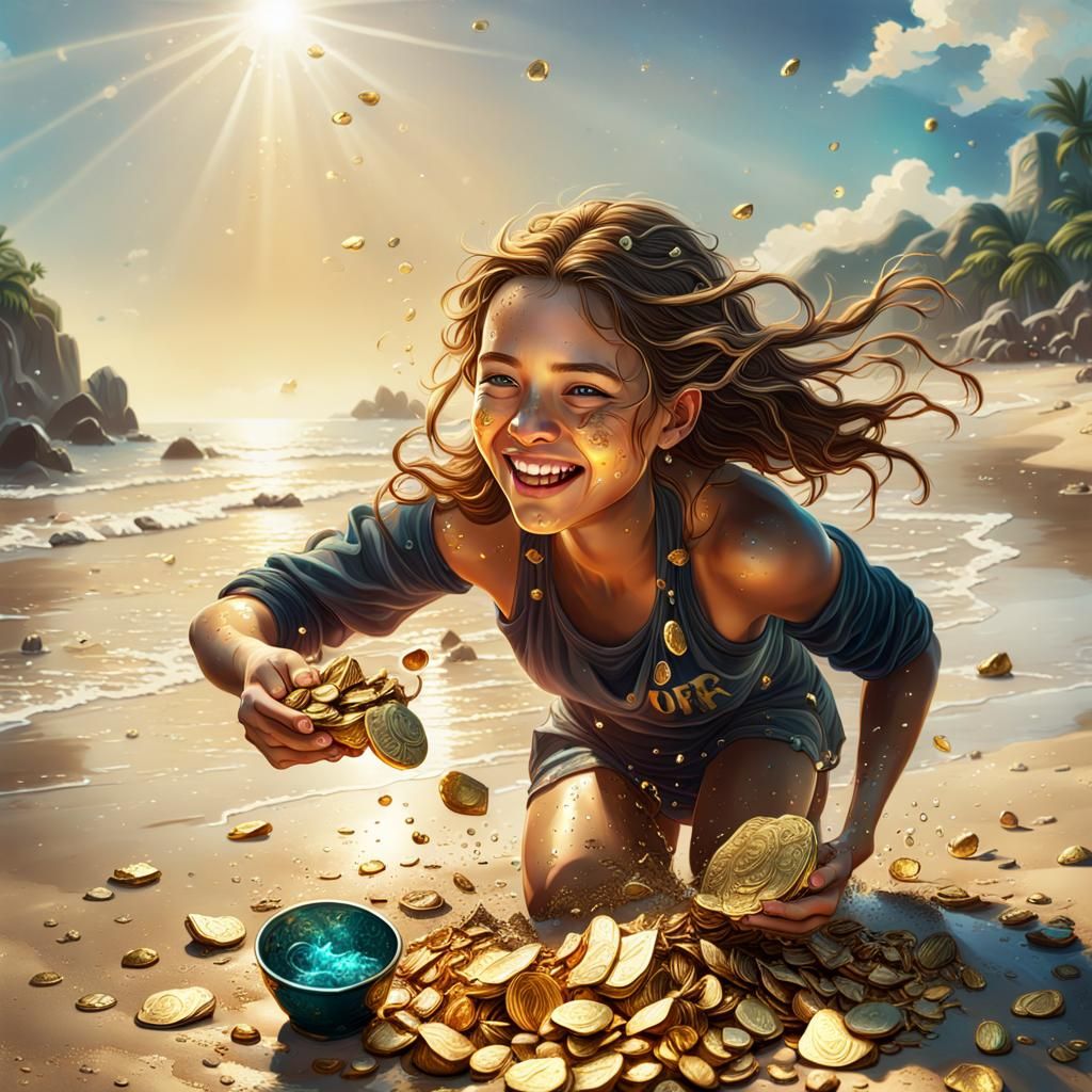 Girl Gathering Gold Treasure on the beach.   by @Suz