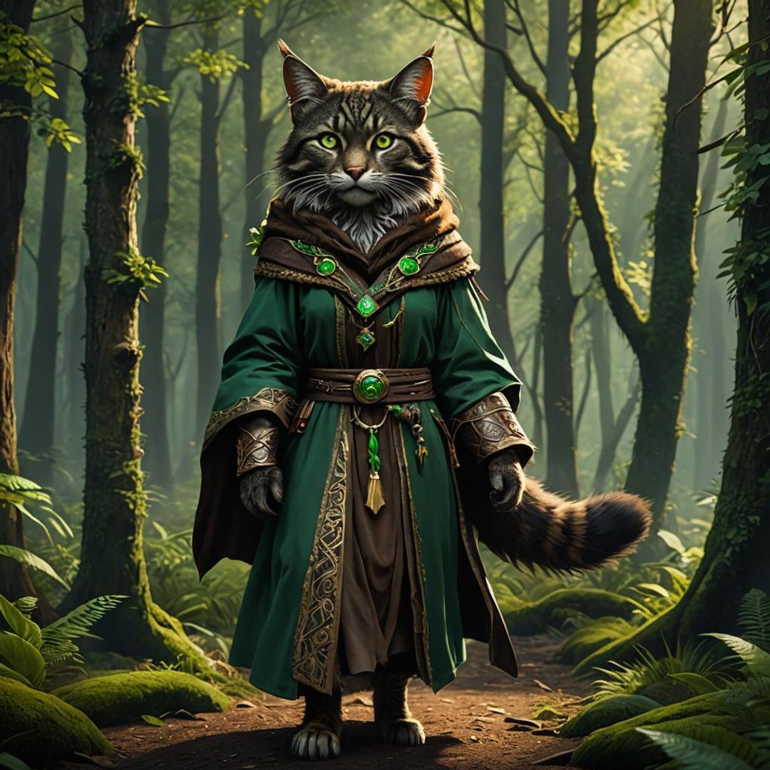 female tabaxi druid, dark fluffy brown fur, green eyes, wearing dark ...