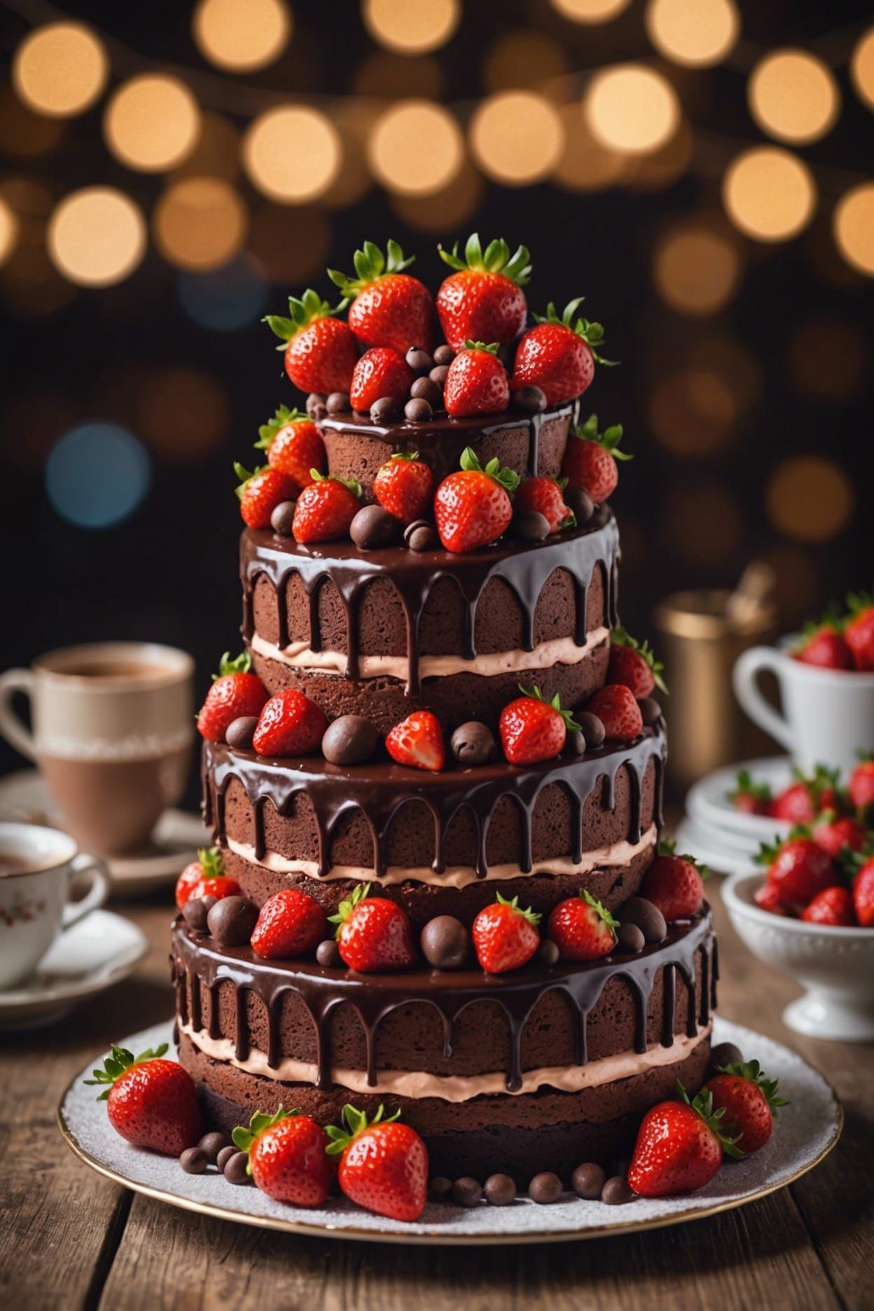 A beautiful three-tiered strawberry-chocolate cake
