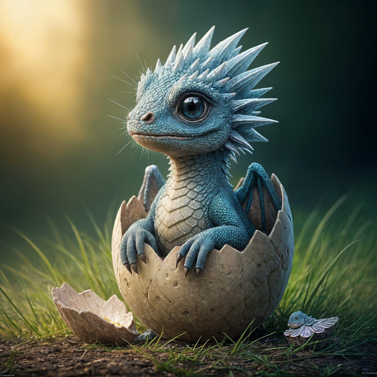 The image shows a cute baby dragon hatching from an egg. The baby dragon has blue scales with intricate ...  by @Schoor