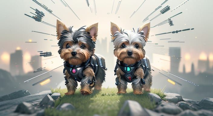 Sci-fi art. ground level shot. Two distinct robots, one a kitten and the other a Yorkshire terrier, soar upwards towards a vast, cosmic sky ...