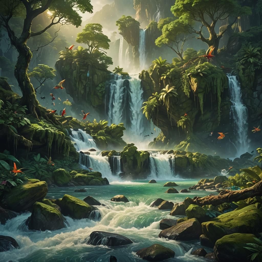Exotic Birds at a Waterfall in Fantasy Landscape