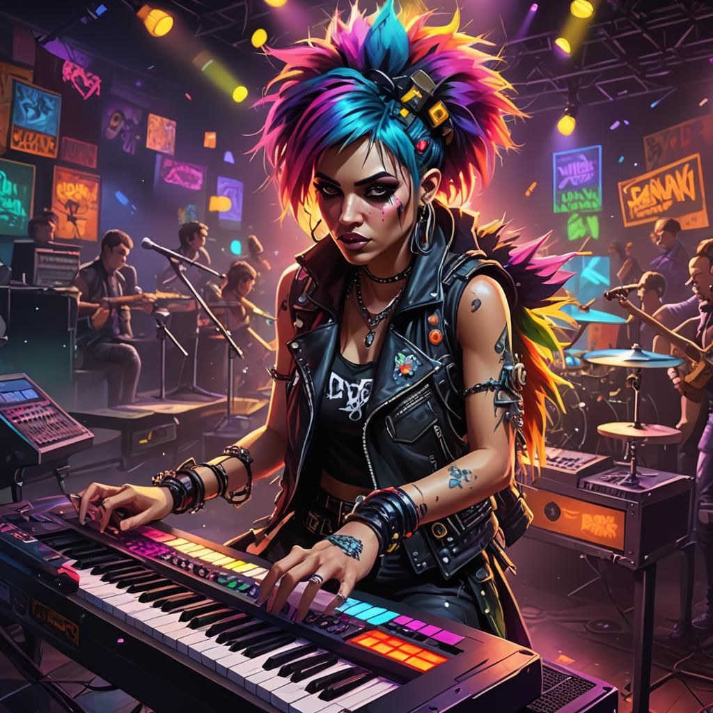 Create a stunning beautiful  fantasy artistic cartoon punk rock star Girl with  vivid colorful colors ...  by @undefined