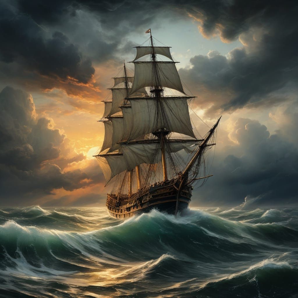 A ship sails in stormy seas. There is a sunset in the background partially obscured by stormy clouds. In the style of Turner, old oil painti...