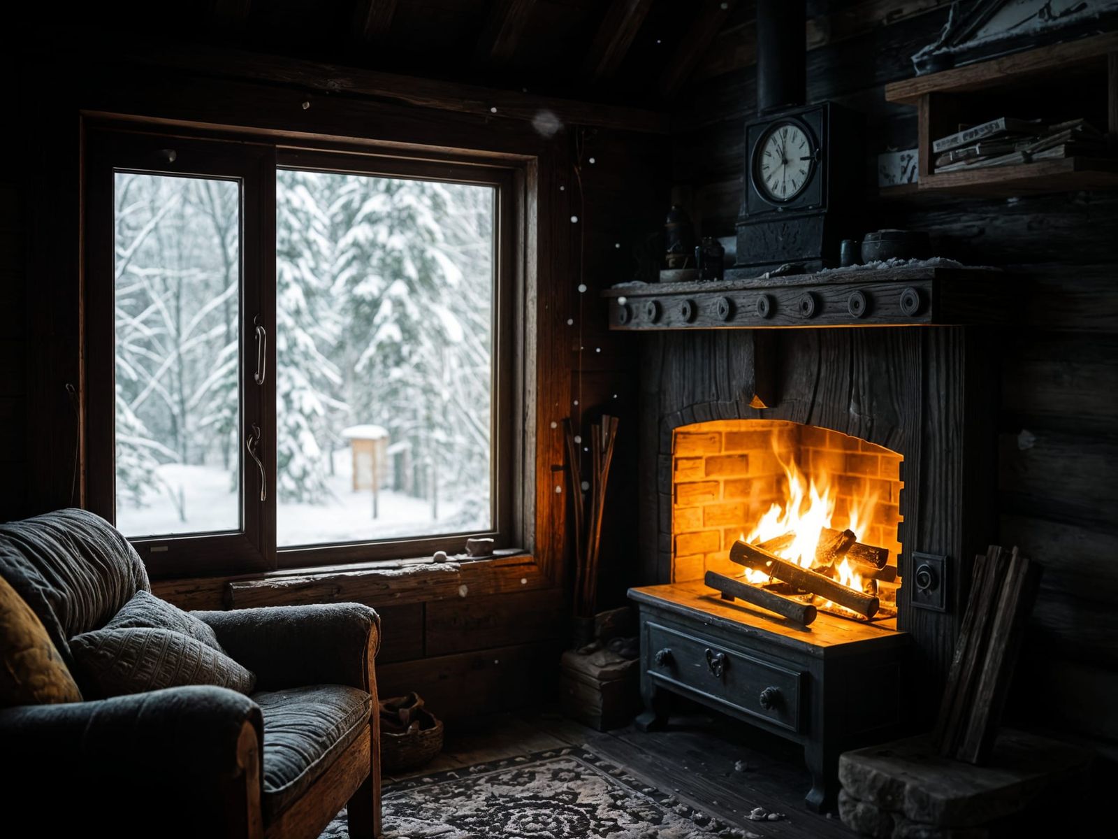 A cozy old cabin with a fireplace, where the focus is on a window with a snowy landscape outside.  by @Pibse2