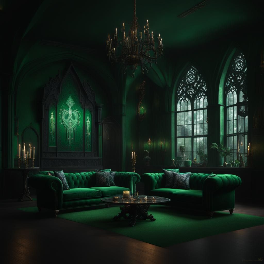 Slytherin themed Gothic living room with Emerald green walls and ...