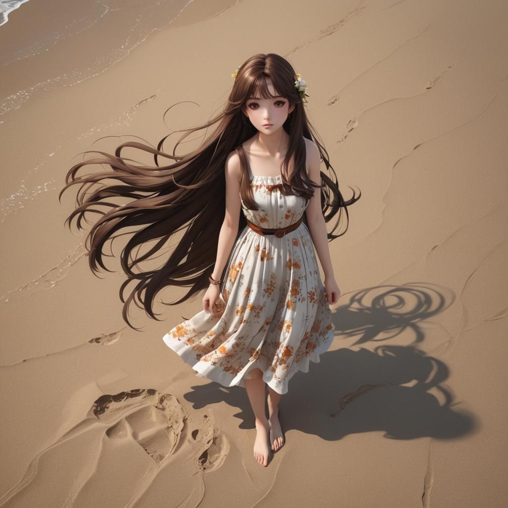 Girl with brown long hair on the beach wearing sun dress