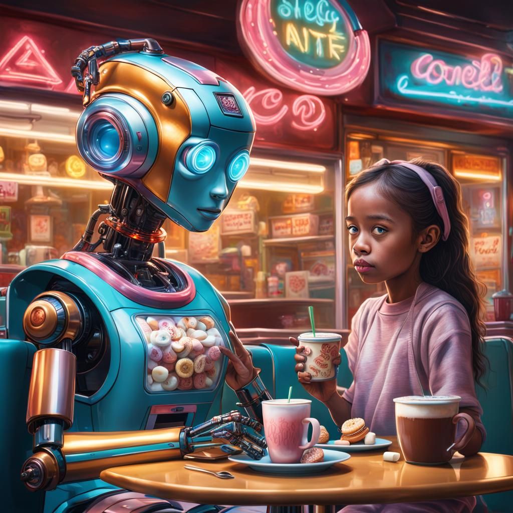 An intricate intelligent robotic robot serving hot chocolate with marshmallows and donuts to a