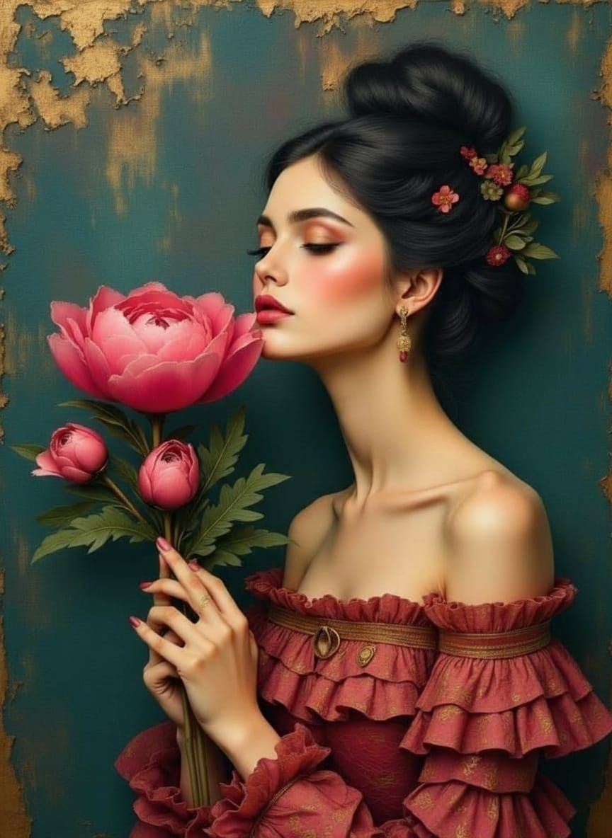 " <lora:Surreal in time:1.0> <lora:Mixed Media blending:1.0> "A captivating mixed media portrait of a young woman with dark hair pulled up, ...