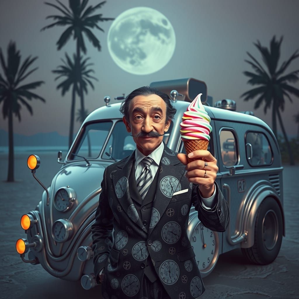 Salvador Dali selling surreal ice creams from a surreal ice cream van, 3D, ultrarealistic  by @Drac_Rosenberg